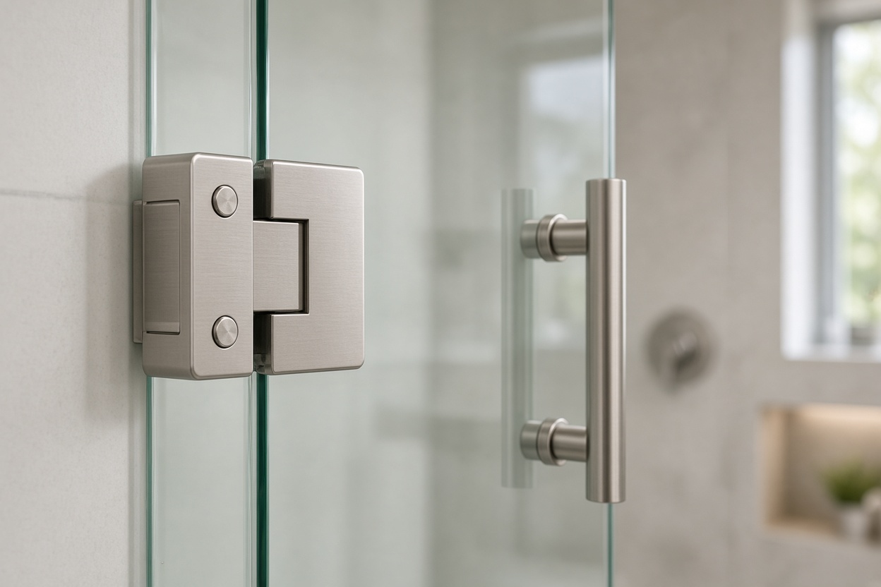 Frameless glass shower door brushed nickel hardware