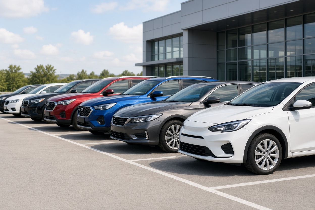 Row of modern cars different makes and models