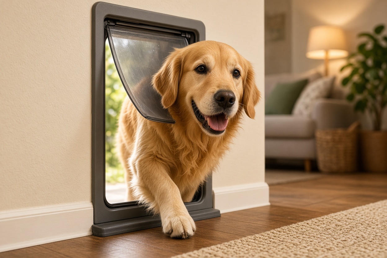 Dog passing through pet door
