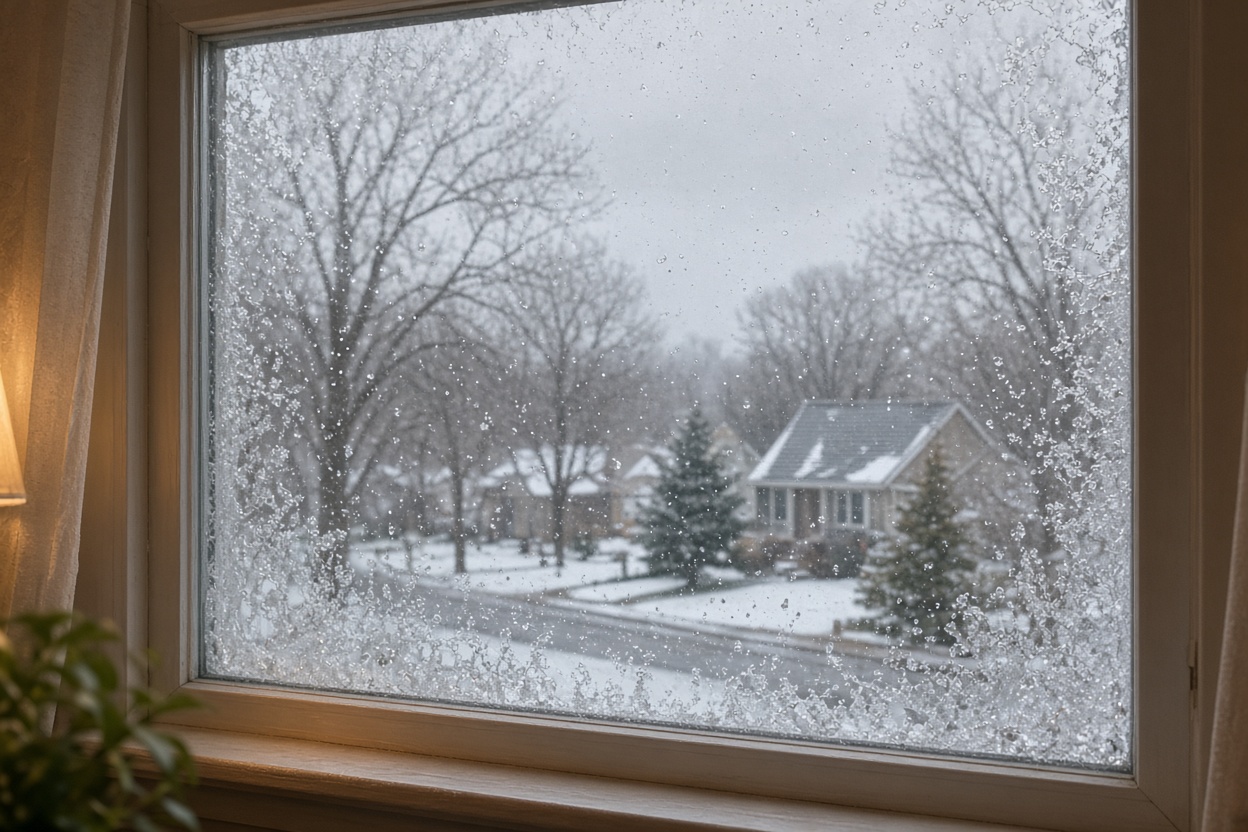 Home window with frost and snow in Michigan winter