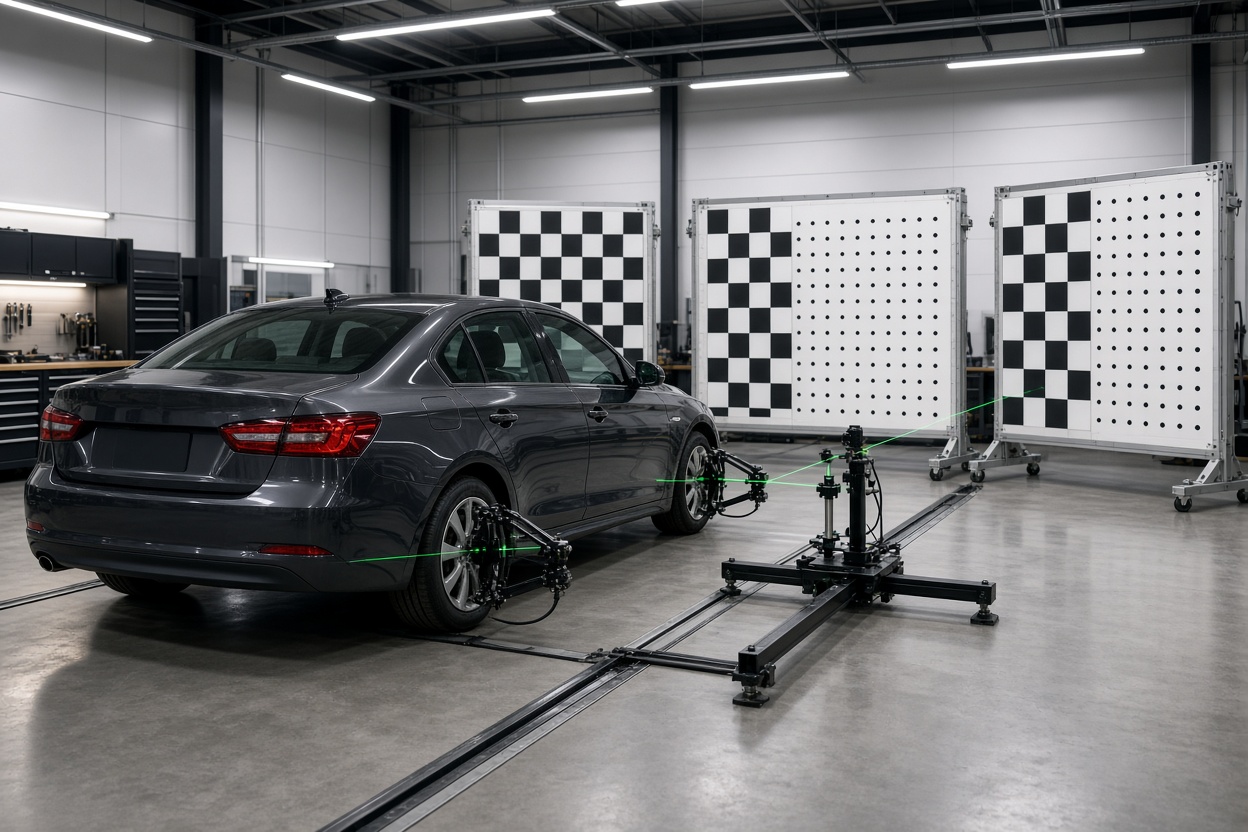 Car facing ADAS calibration target boards with geometric patterns