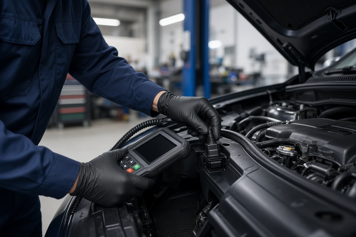Auto technician connecting diagnostic scan tool to car