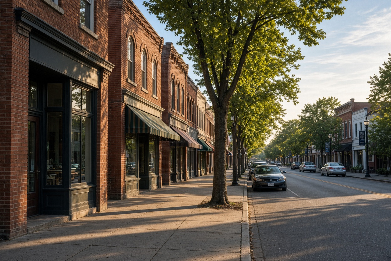 Small American town main street with brick storefronts
