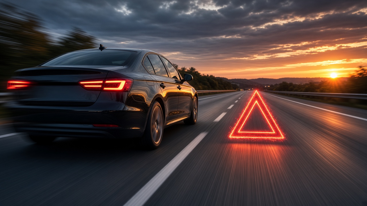 Car on highway with collision warning, dramatic lighting