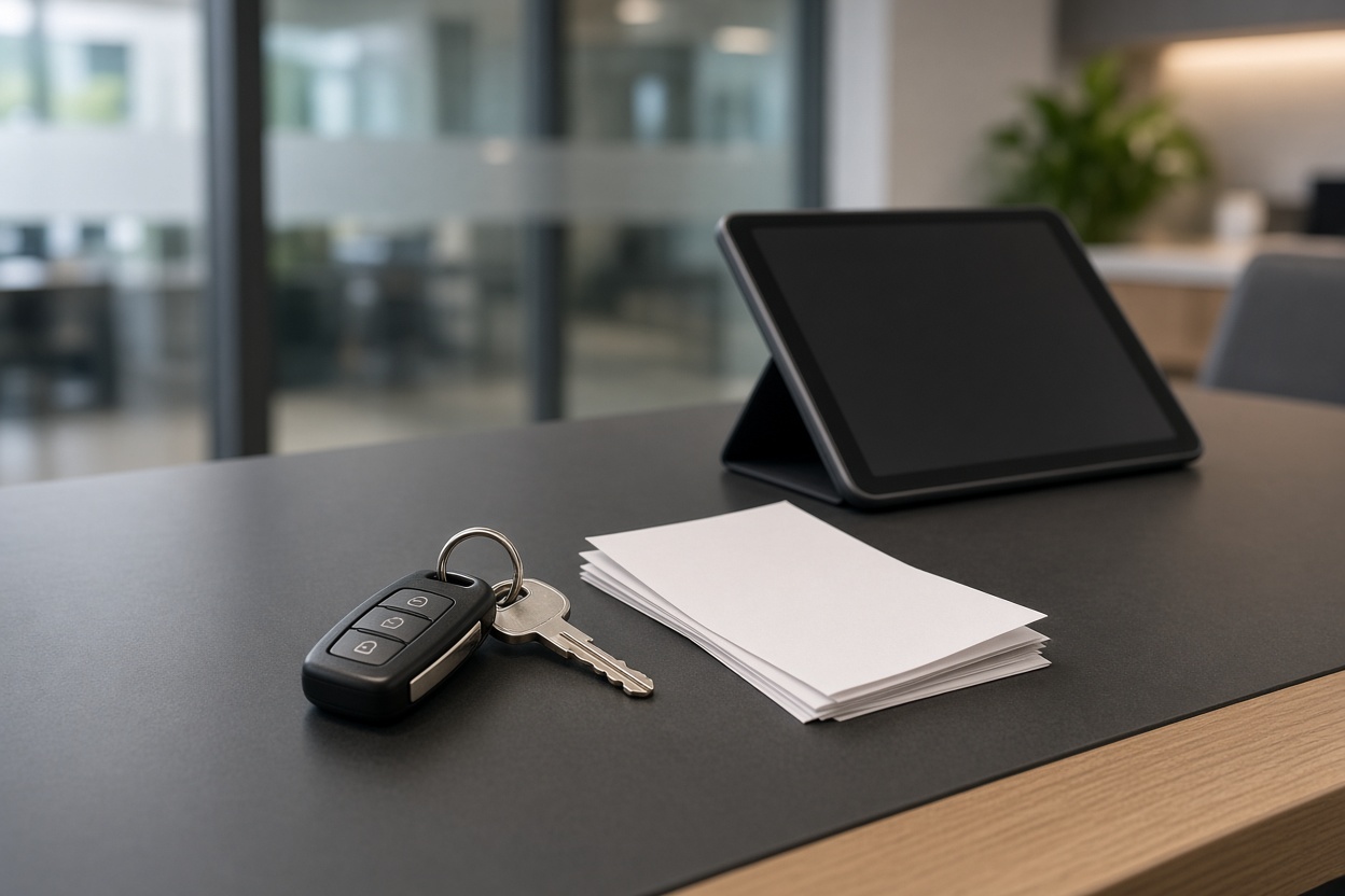 Car keys on service counter with warranty paperwork