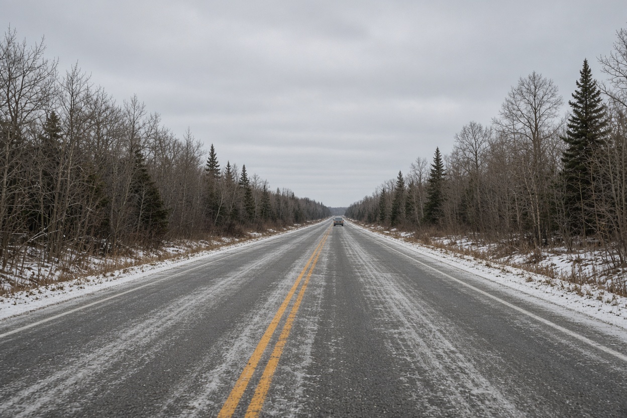 Two-lane rural Michigan highway in winter with snow and bare trees