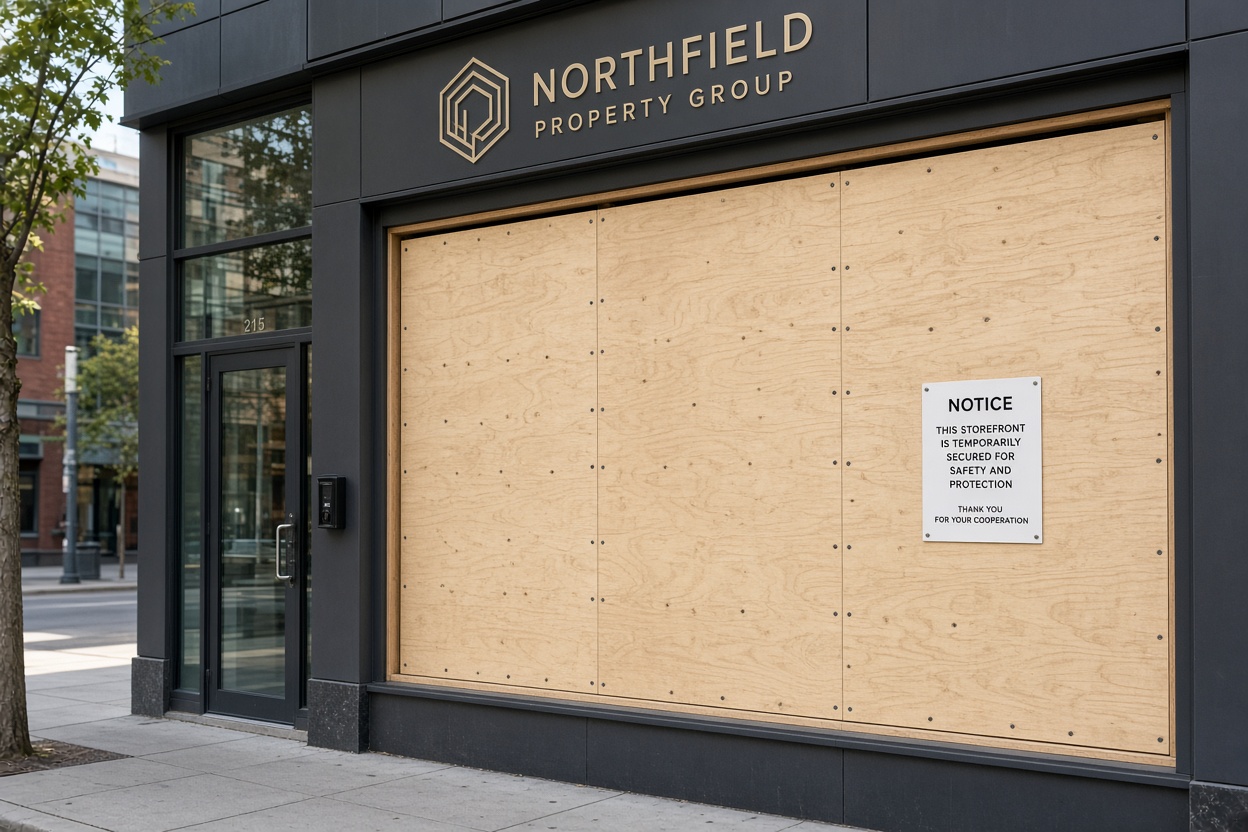 Boarded up commercial storefront window
