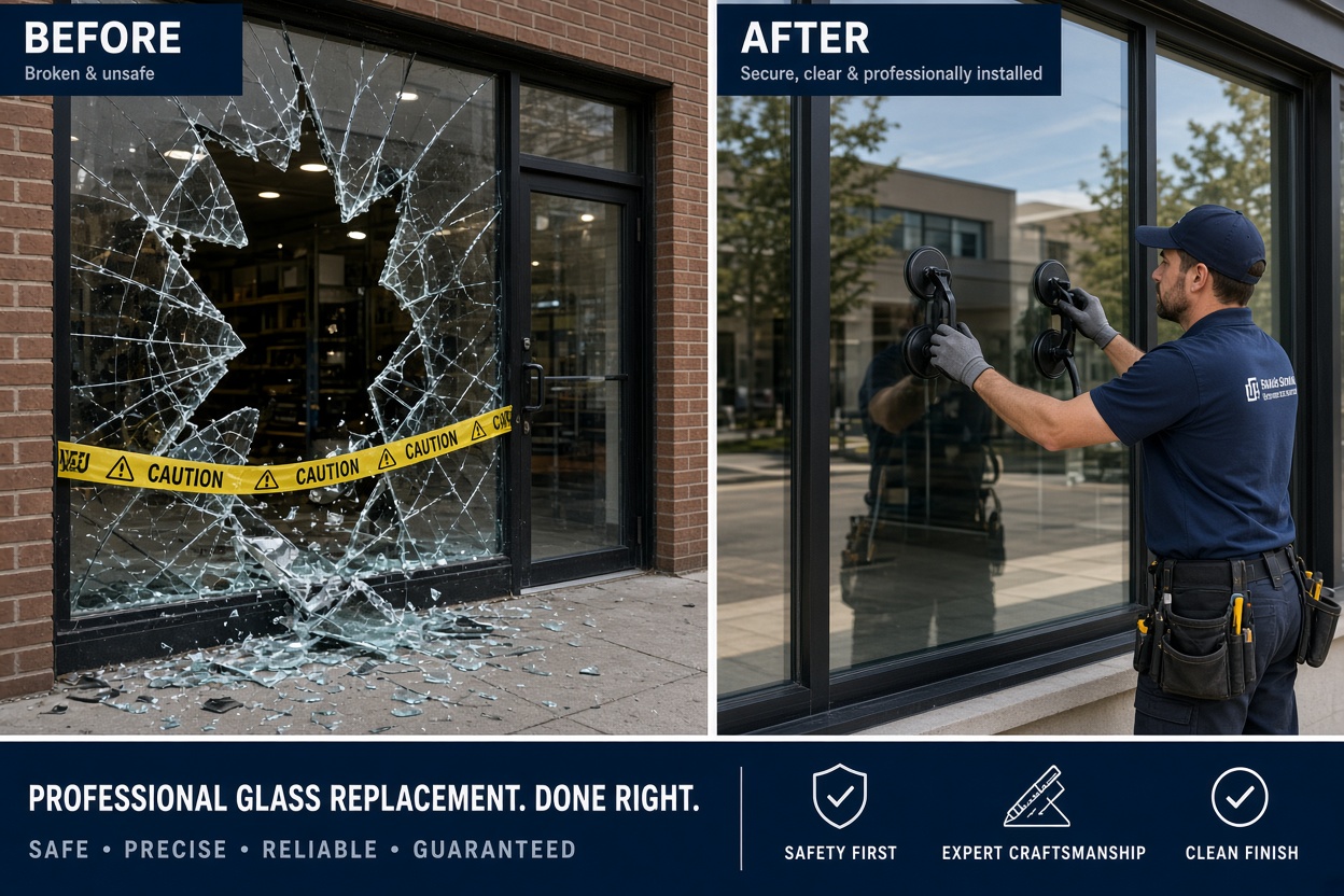 Glazier replacing broken storefront glass