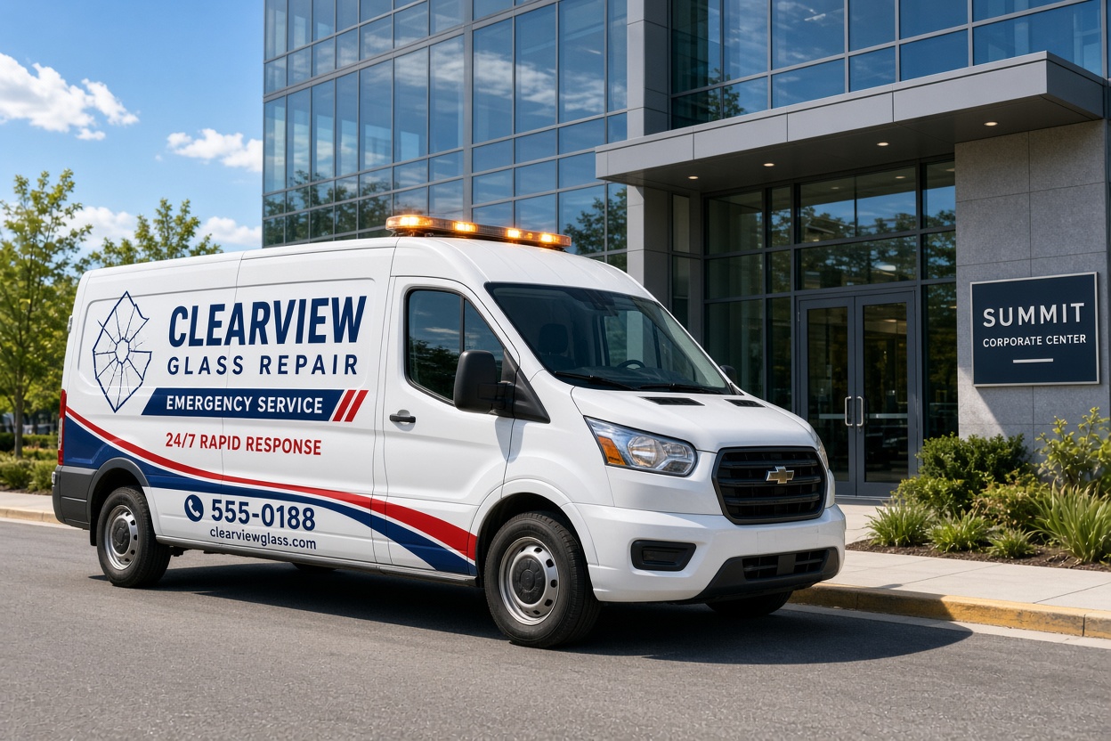 Emergency glass service van at commercial building