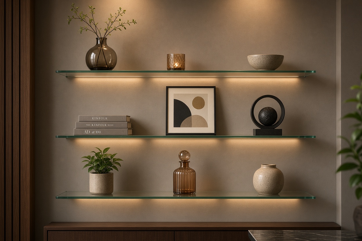Floating glass shelves display