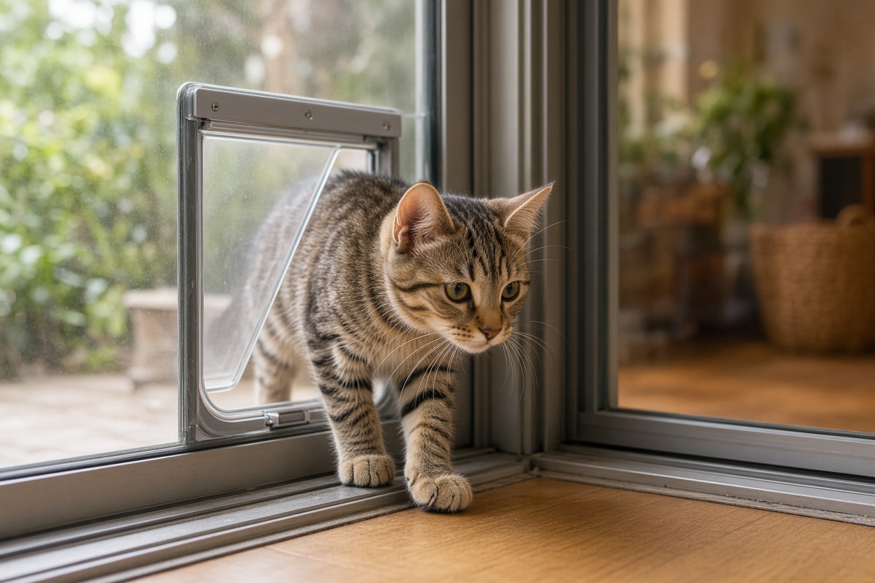 Cat using pet door