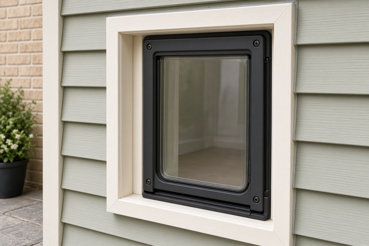 Wall mounted pet door framed opening