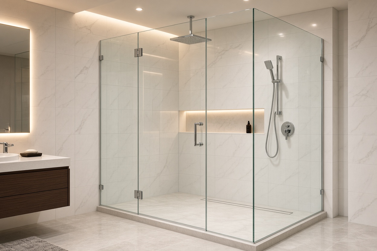 Frameless glass shower enclosure modern bathroom
