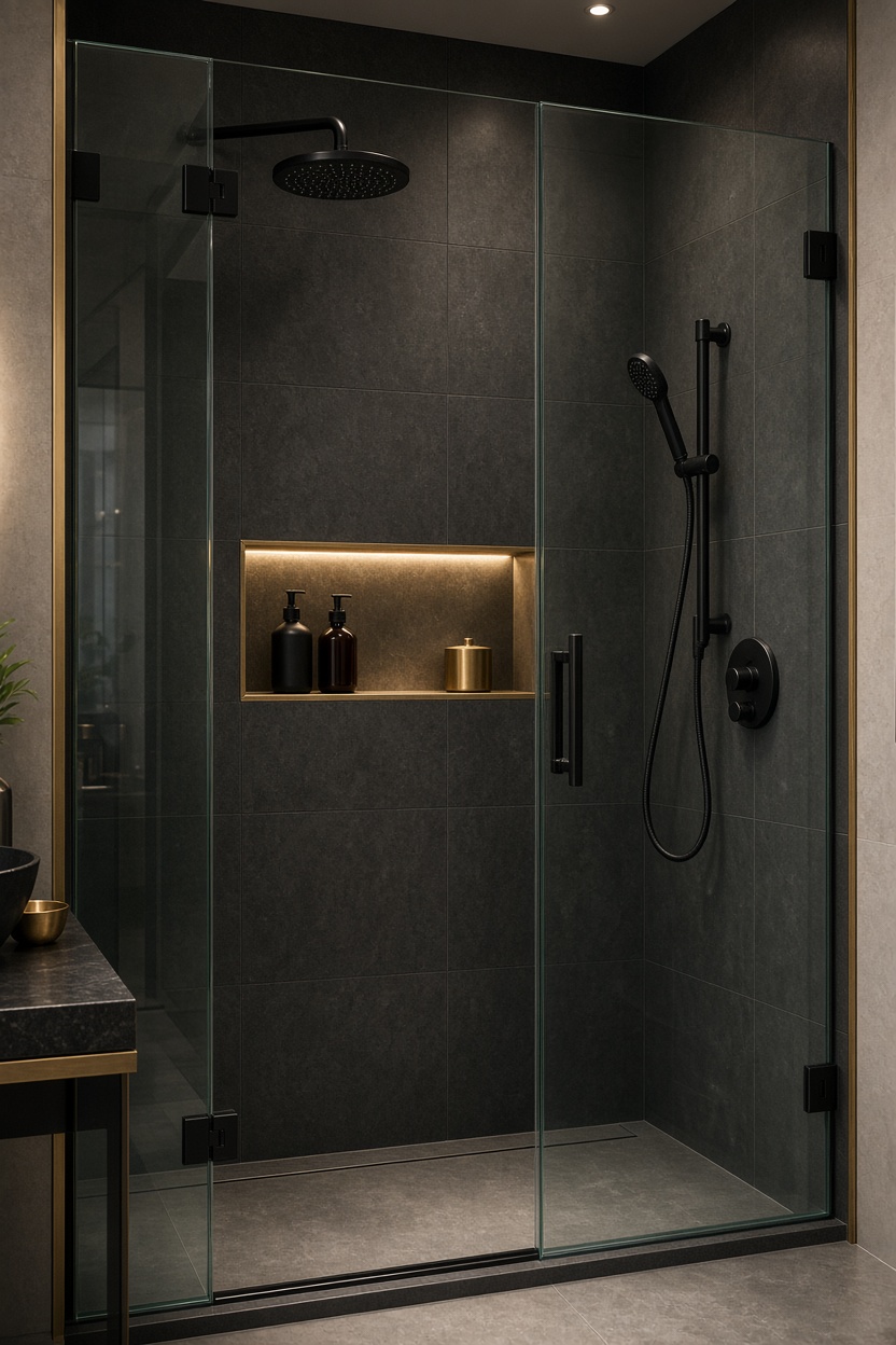 Matte black hardware frameless shower door