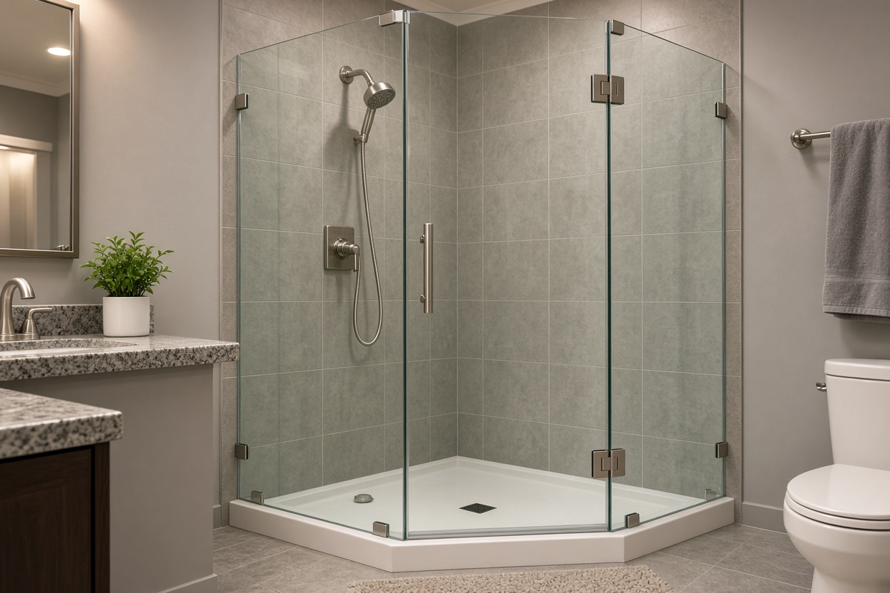 Neo-angle corner shower enclosure brushed nickel