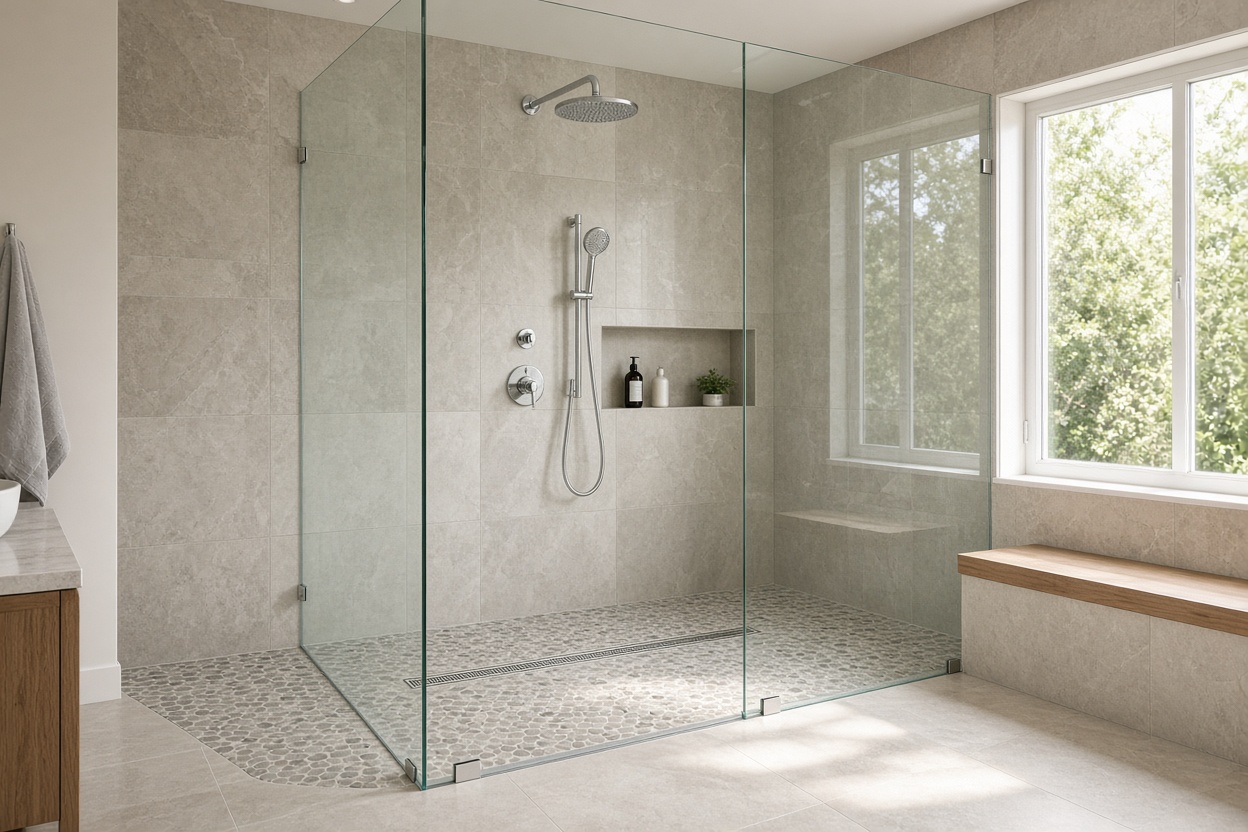 Walk-in curbless shower frameless glass enclosure