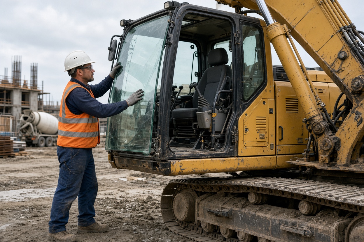 Excavator cab glass