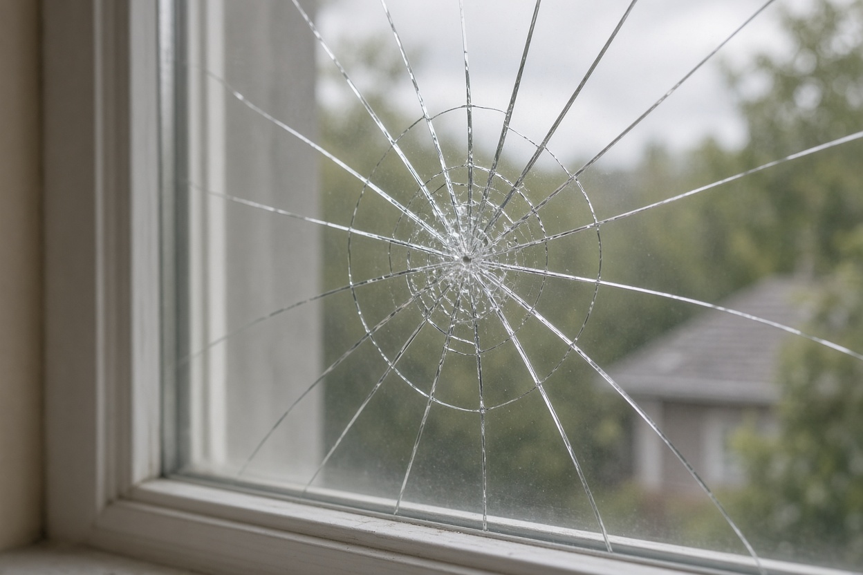 Cracked residential window glass with spiderweb crack
