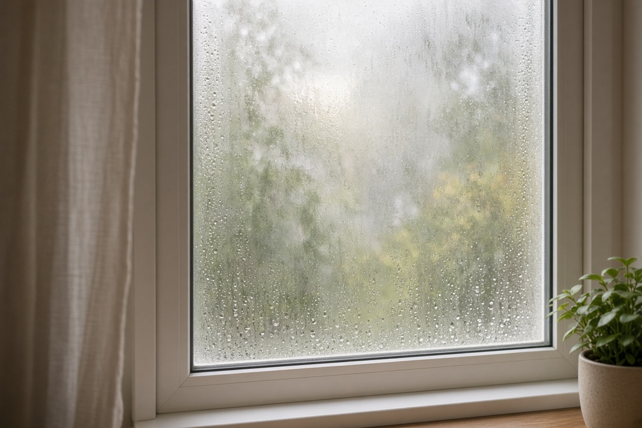 Foggy double-pane window with condensation between panes