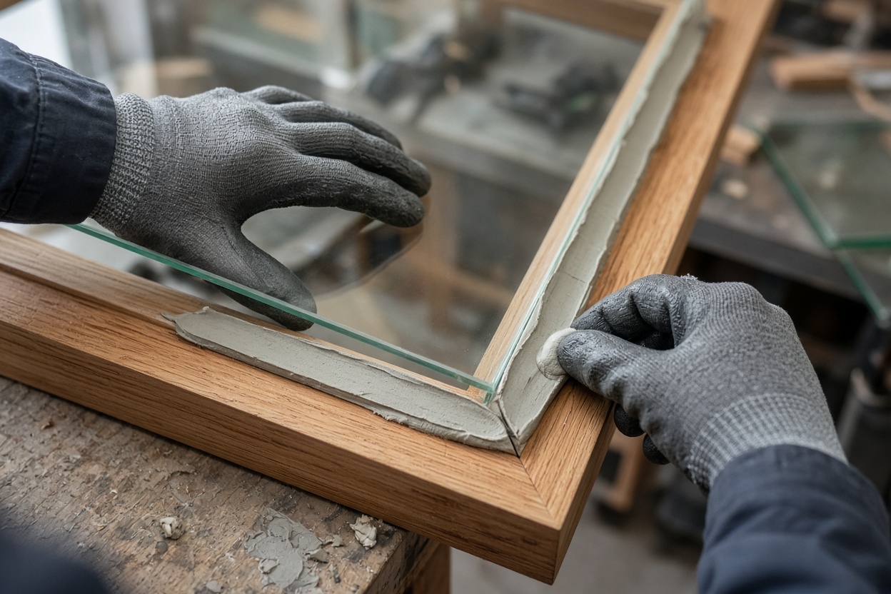 Gloved hands installing glass pane into wood window frame