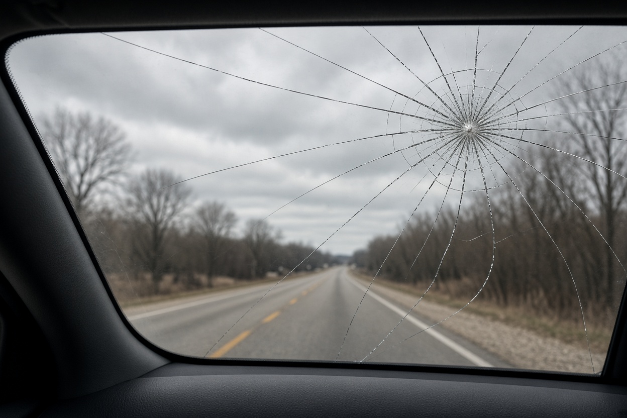 Cracked windshield with rural Michigan highway view
